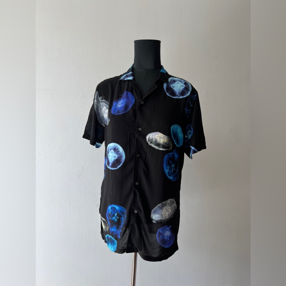 Reiss Mens short sleeve Shirt Button Down jellyfish cuban Collar black small